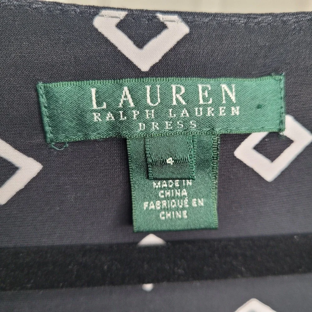 Lauren Ralph Lauren Dress Womens Sz 4 Black Ruched White Diamond Print Faux Wrap